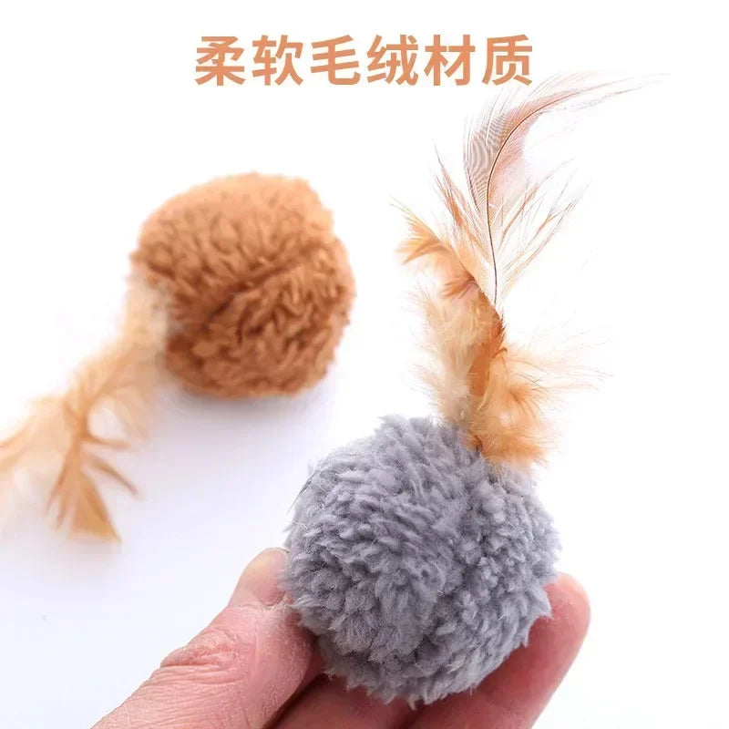 Cat Plush Ball With Feathers Interactive Toy For Pets