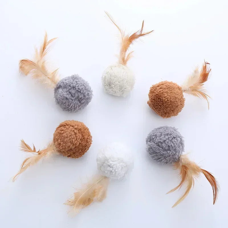Cat Plush Ball With Feathers Interactive Toy For Pets