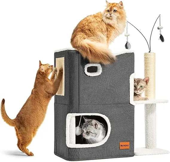 Dark Grey Indoor Cat Bed Tower with Scratcher Pad Hideaway