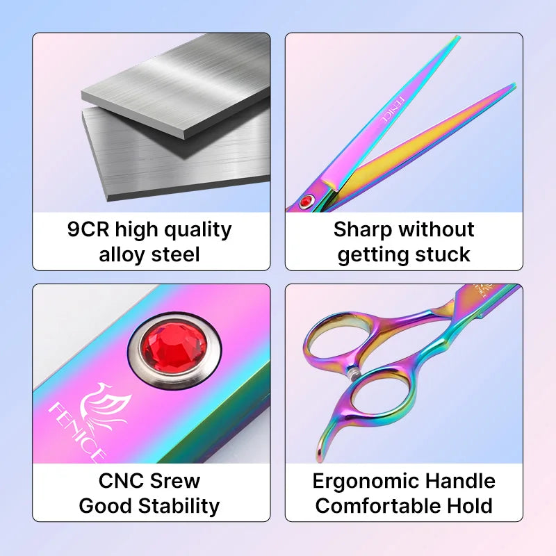 Fenice Classical Model Homeuse 9Cr Steel 6.5 To 7.0 Inch Rainbow Black Dog Grooming Scissors Set For Home Pet Owners