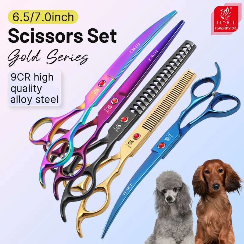 Fenice Classical Model Homeuse 9Cr Steel 6.5 To 7.0 Inch Rainbow Black Dog Grooming Scissors Set For Home Pet Owners