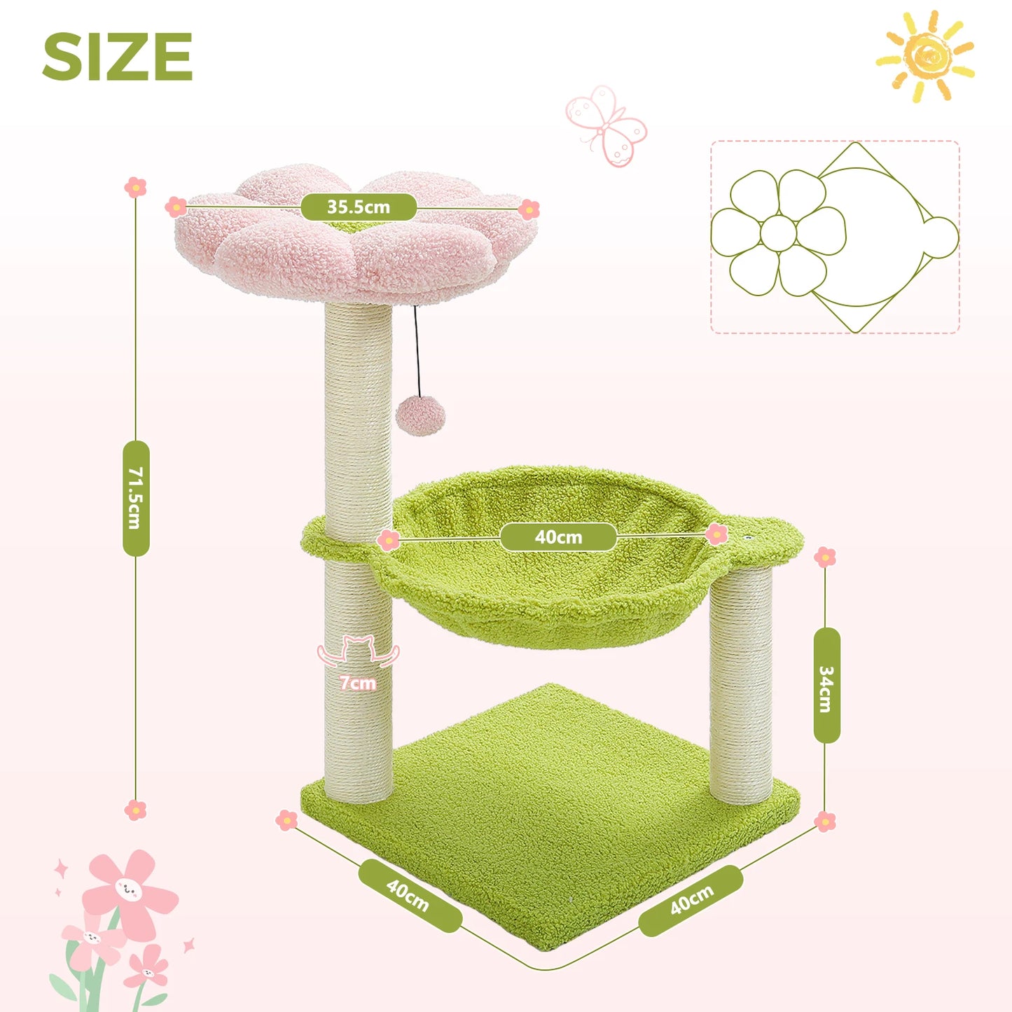 PAWZ Road Flower Cat Tree With Sisal Scratching Post Large Hammock Soft Top Perch Three Layer Cat Tower For Indoor Cats