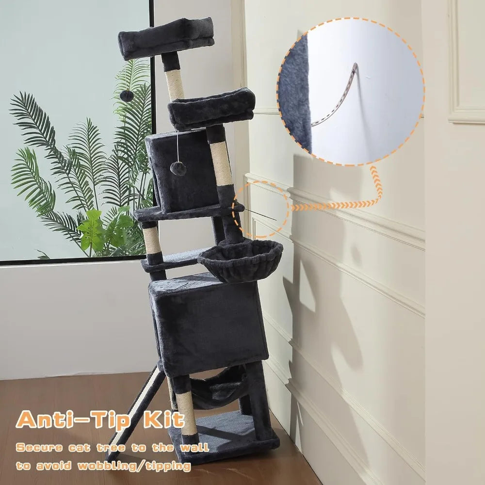 Cat Tree 70 Inch Tree Tower With Hammock Scratching Post Condo And Multi Level Tower Large Activity Center Playhouse