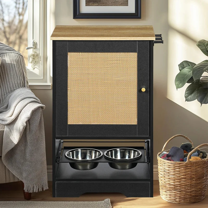 Black Storage Cabinet With Elevated Dog Bowls And Feeder