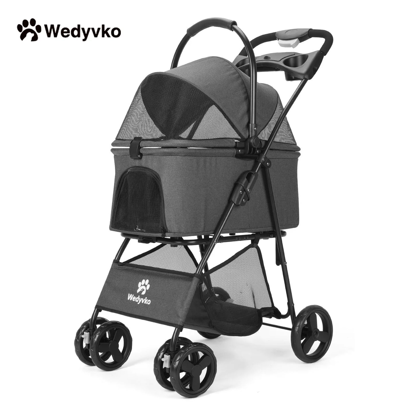 Wedyvko Luxury Detachable Pet Stroller With Cup Holder Four Wheel Travel Dog Cart Outdoor Carrier Bag