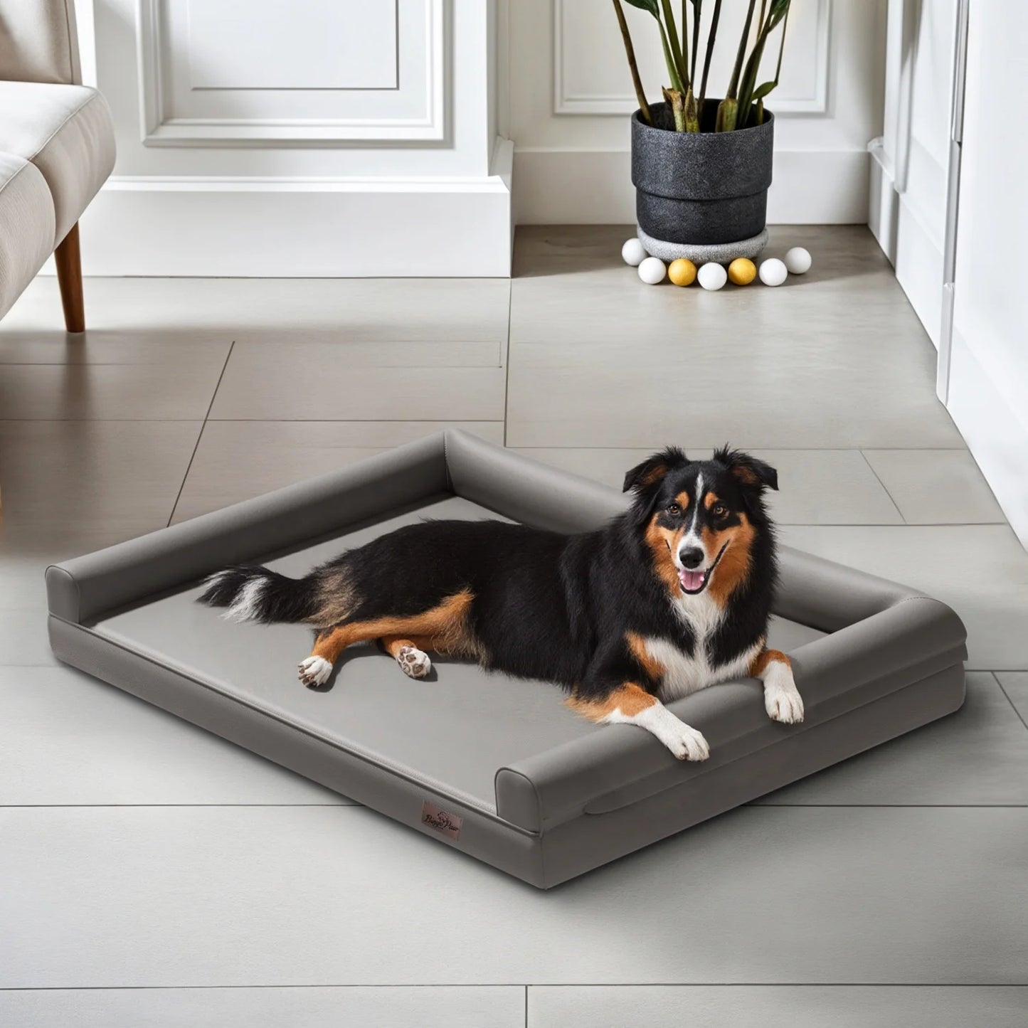 Microfiber Leather Dog Bed With Bolster And Foam Base
