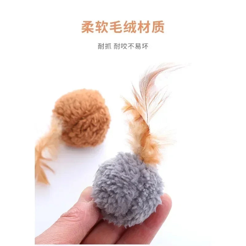 Cat Plush Ball With Feathers Interactive Toy For Pets