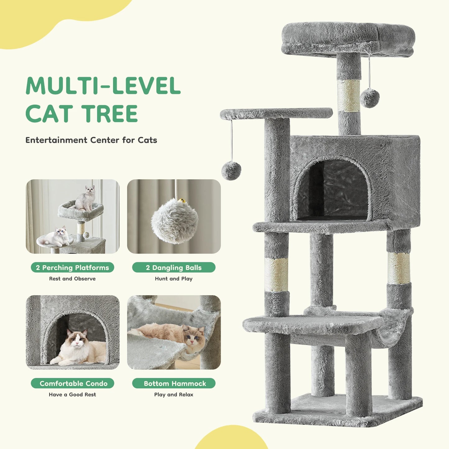 JHK 44 Inch Tall Multi Cat Climbing Tree With Sisal Posts