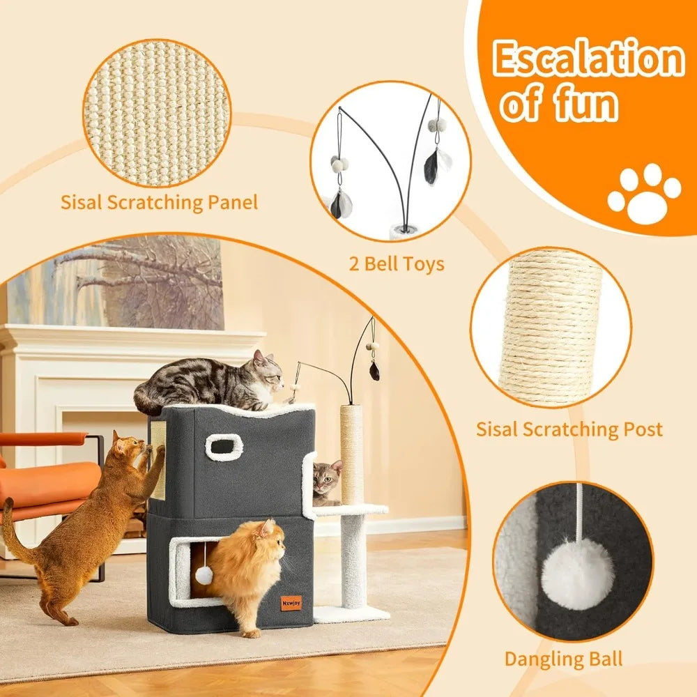 Dark Grey Indoor Cat Bed Tower with Scratcher Pad Hideaway