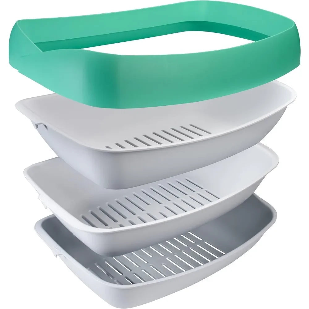 Litter Box - 3 Sifting Tray Cat Litter Box- Easy to Clean with Non-Stick Coating - Stylish, High-Sided Design with Spill Guard (