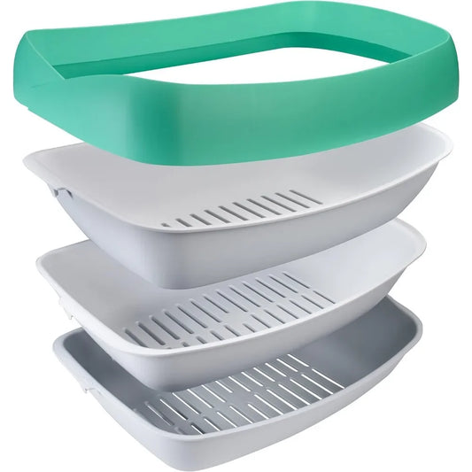 Litter Box - 3 Sifting Tray Cat Litter Box- Easy to Clean with Non-Stick Coating - Stylish, High-Sided Design with Spill Guard (