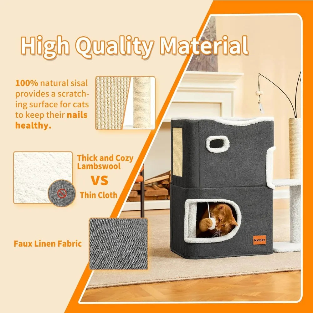 Dark Grey Indoor Cat Bed Tower with Scratcher Pad Hideaway