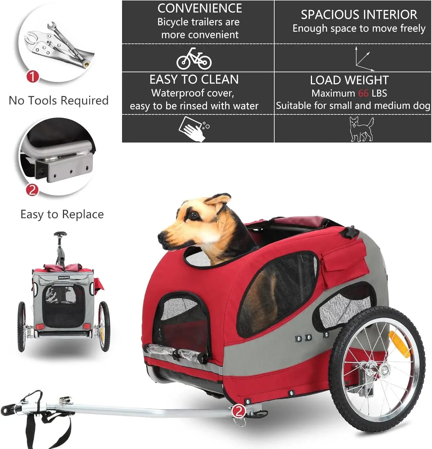 XMSJ Dog Bike Trailer Folding Frame Quick Release Wheel