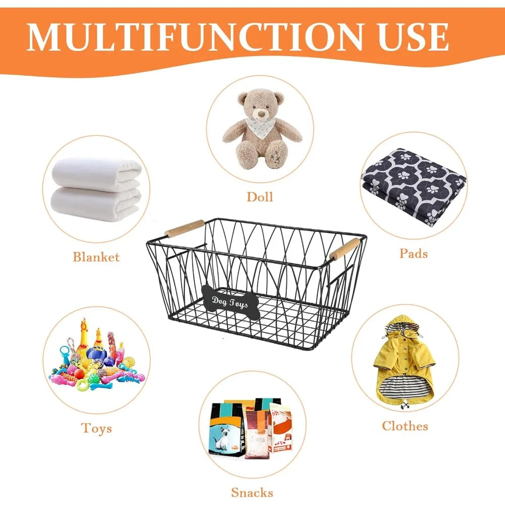Metal Dog Toy Basket With Wooden Handle Large Capacity