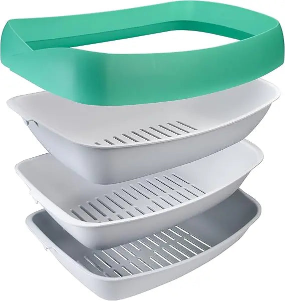 Litter Box - 3 Sifting Tray Cat Litter Box- Easy to Clean with Non-Stick Coating - Stylish, High-Sided Design with Spill Guard (