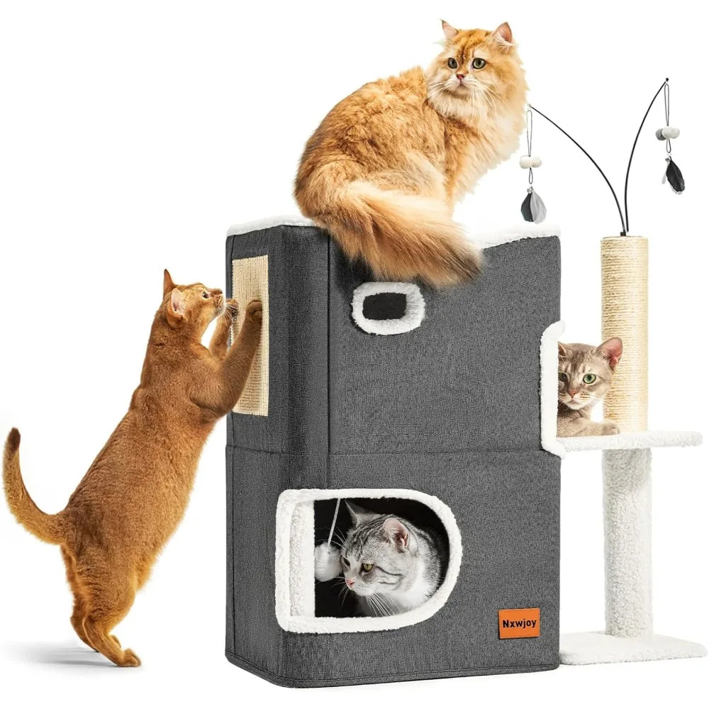 Dark Grey Indoor Cat Bed Tower with Scratcher Pad Hideaway