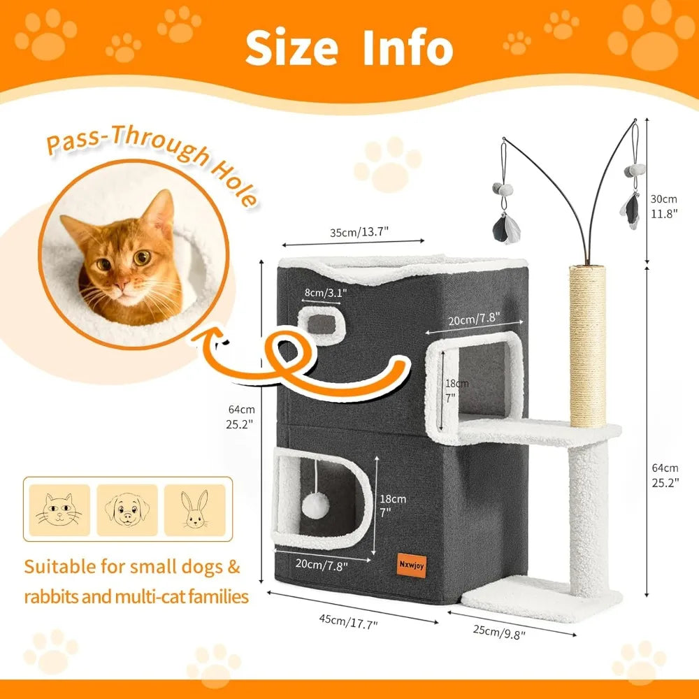 Dark Grey Indoor Cat Bed Tower with Scratcher Pad Hideaway